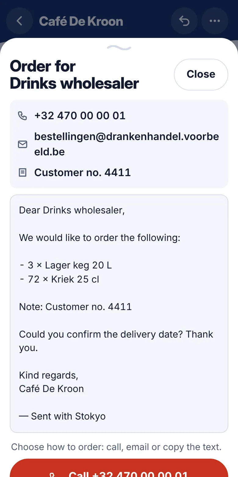 Ordering: One order slip per supplier: call, email or copy the text.