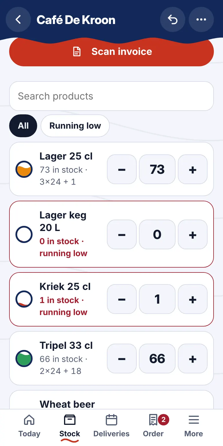 Stock: Tap + or −. Green is good, orange is okay, red is running low.