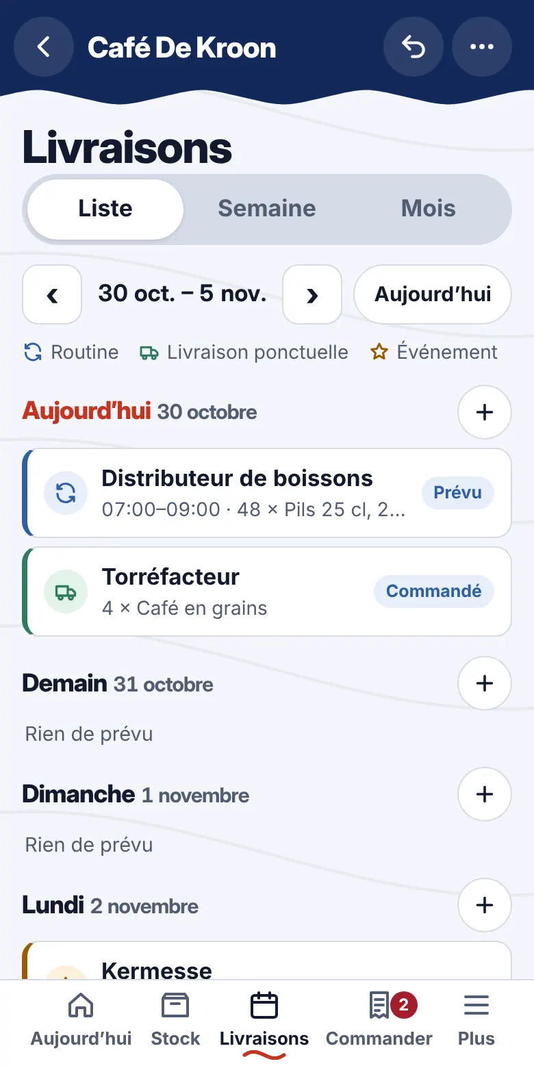 Livraisons: Chaque livraison dans un calendrier, avec routines et événements.