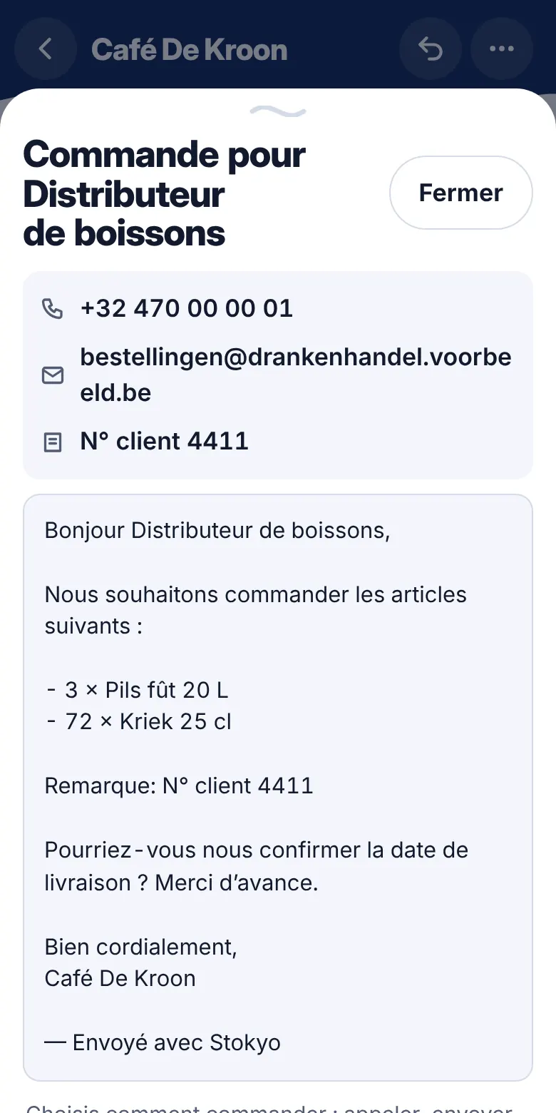 Commander: Un bon par fournisseur : appeler, envoyer un e-mail ou copier le texte.