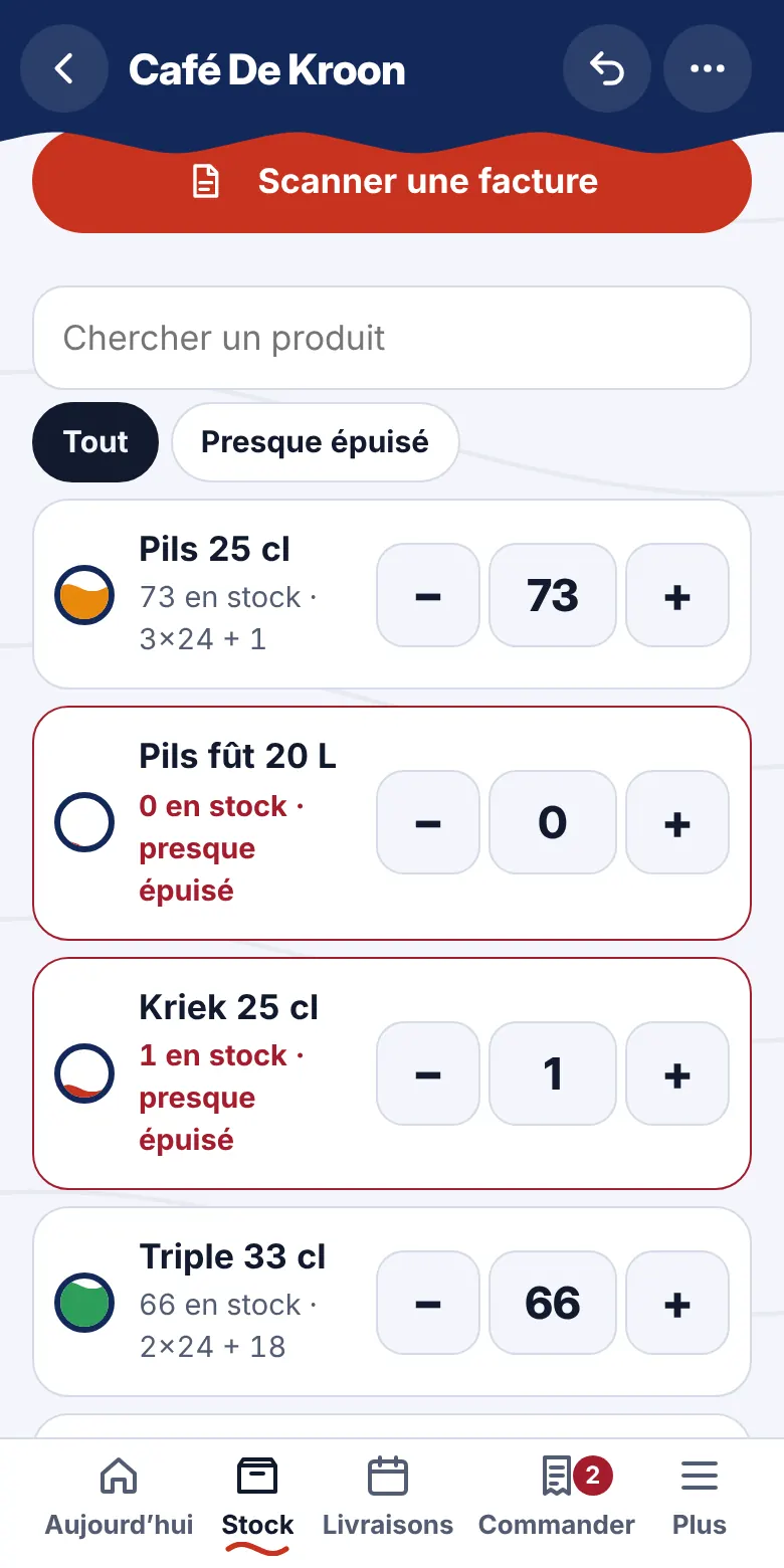Stock: Touche + ou −. Vert : bon, orange : correct, rouge : presque épuisé.