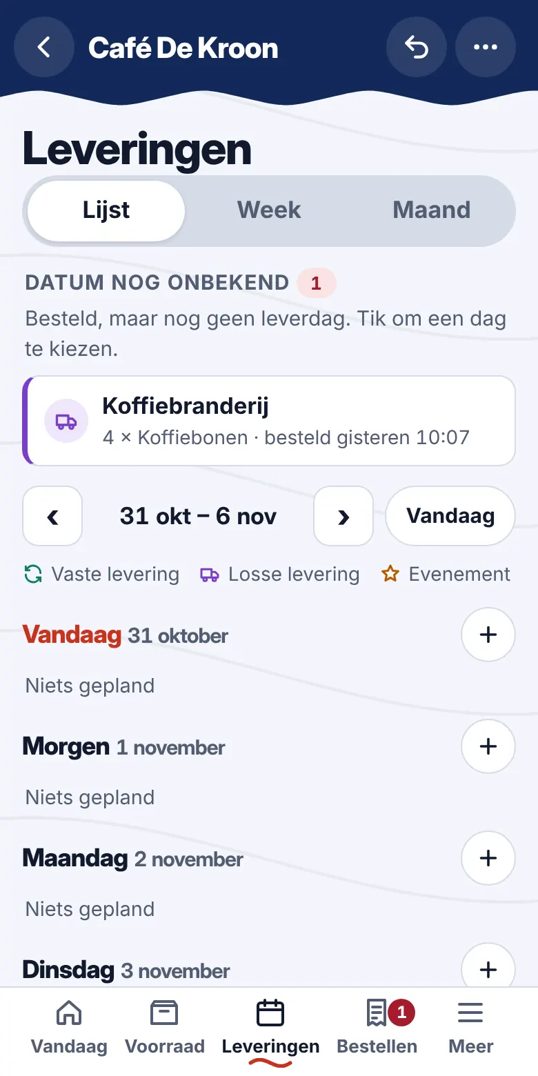 Leveringen: Elke levering in een kalender, met vaste leveringen en evenementen.