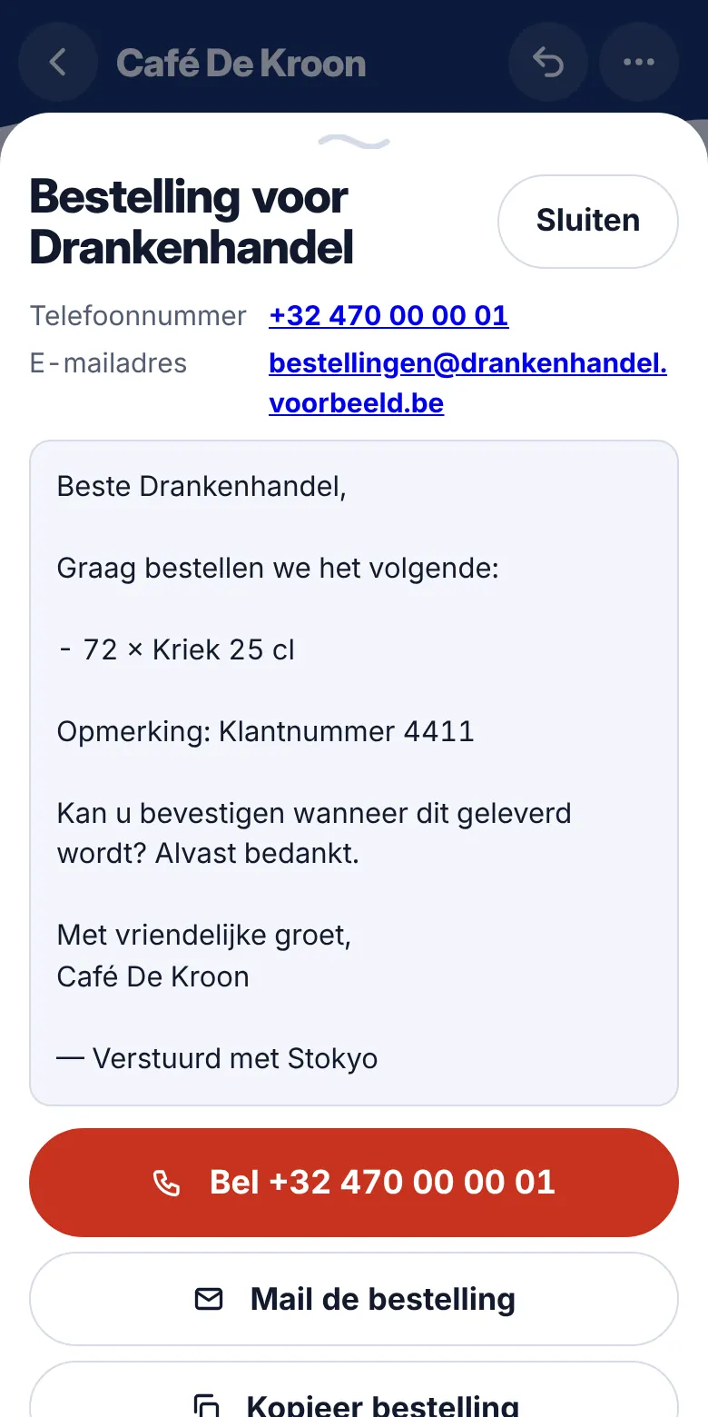 Bestellen: Bestelbon per leverancier: bellen, mailen of de tekst kopiëren.