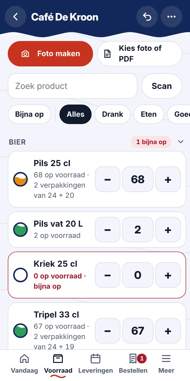 Voorraad: Tik + of −. Groen is goed, oranje redelijk, rood bijna op.